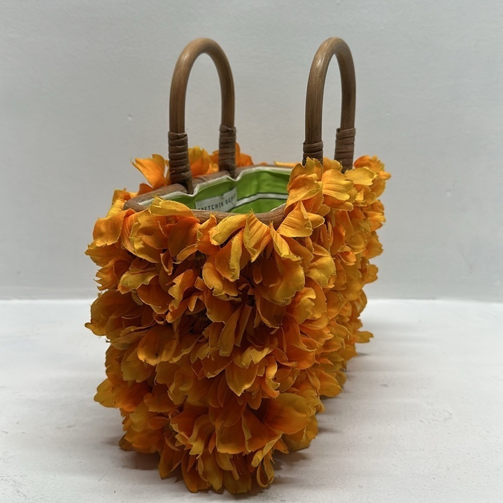 Gretchen Scott Floral Wicker Basket Bag Wooden Top Handles Purse Marigold Orange - Picture 3 of 9